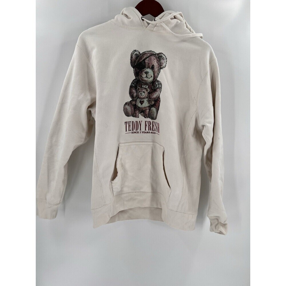 Teddy Fresh MEDIUM Beige Hoodie Kangaroo Pocket Heavy Weight Eye Patch Teddy